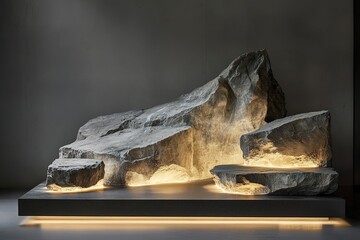 A Podium Resembling a Jagged Rock Formation, Crafted from Rough Stone with Illuminated Edges, Exuding a Natural, Raw Aesthetic