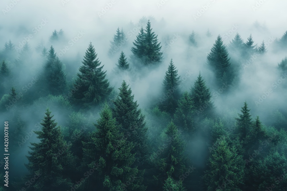 Poster dense mist envelops towering evergreen trees in a tranquil forest landscape during early morning hou