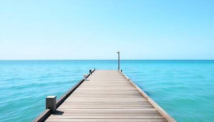 Fototapeta premium A wooden dock extending out over a calm, blue ocean under a clear sky, created wth generative ai