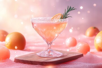 A Radiant Coral Grapefruit Cocktail with Rosemary Garnish in a Faceted Glass, Floating Above Glowing Pink Sand, Surrounded by Shimmering Citrus Orbs and Soft Pastel Mist