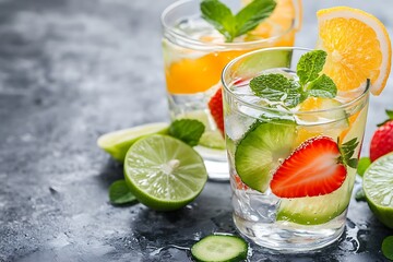 Fototapeta premium Refreshing Fruit Infused Water Glasses with Strawberry Orange Cucumber Lime Mint