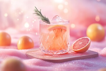 A Radiant Coral Grapefruit Cocktail with Rosemary Garnish in a Faceted Glass, Floating Above Glowing Pink Sand, Surrounded by Shimmering Citrus Orbs and Soft Pastel Mist