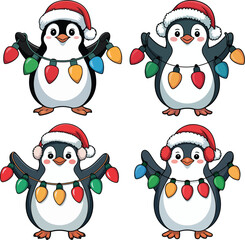 Fototapeta premium Festive Penguin Clipart with Santa Hats and Christmas Lights – Cute Holiday Illustration