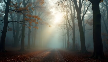 Foggy forest with glowing light