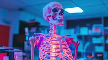 Colorful Illuminated Skeleton Model Displayed in a Dark Laboratory Environment with Creative Lighting and Colorful Accents for Educational Purposes
