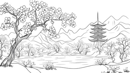 Naklejka premium Tranquil Landscape with Cherry Blossom and Traditional Pagoda Scene