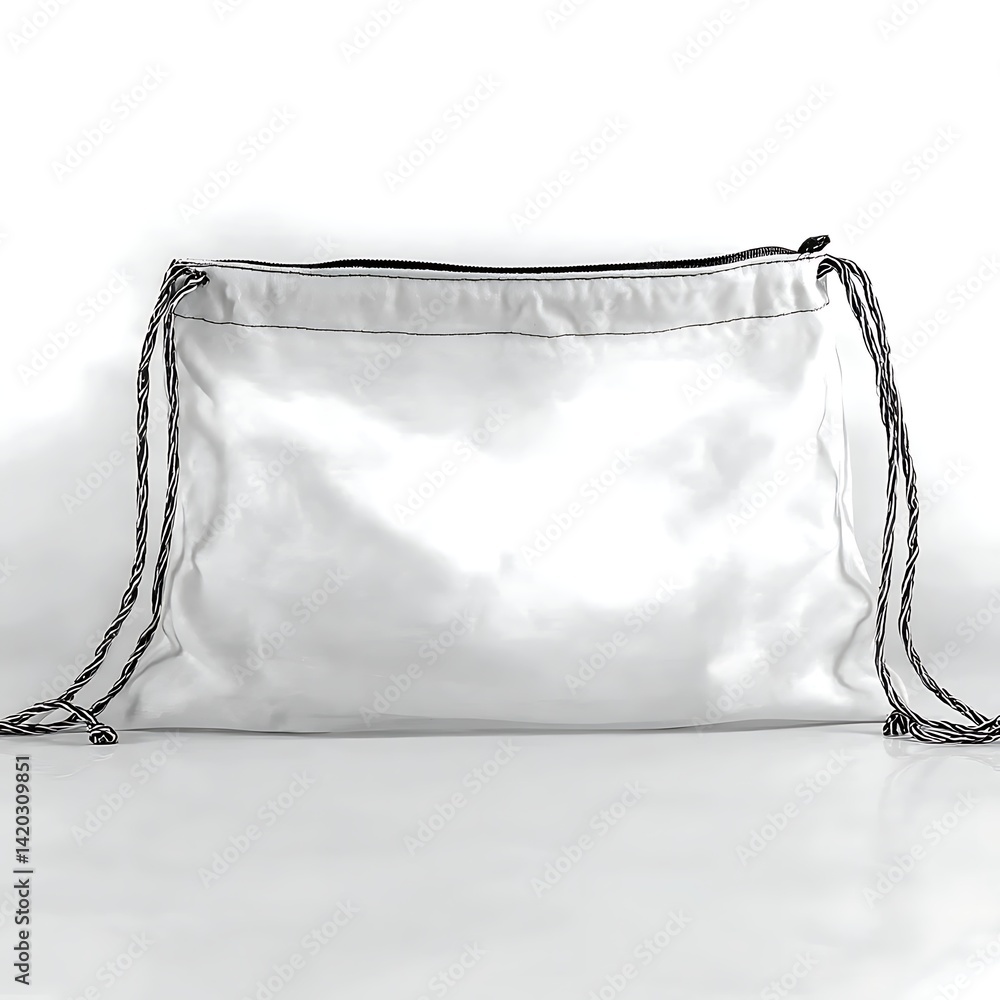 Aufkleber stylish white drawstring bag with contrasting cords and minimalistic design on a white surface.