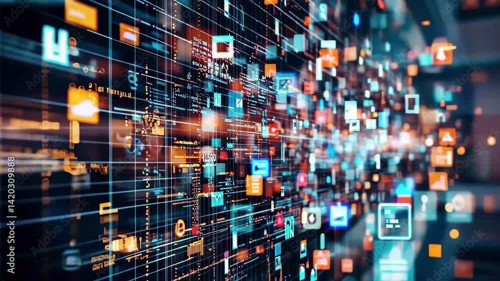 Poster exploring the depths of a digital data grid in a vibrant vertical time lapse display, technology dig