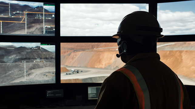 Mining supervisor monitoring site operations through remote surveillance feed. Featuring real-time observation and security