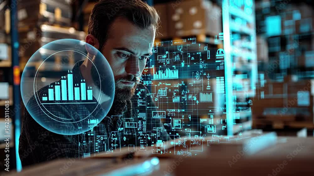 Poster caucasian man analyzes data while working in a warehouse surrounded by digital processing icons, ico