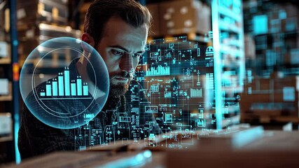 Caucasian man analyzes data while working in a warehouse surrounded by digital processing icons, icons and data processing over caucasian man working in warehouse - Powered by Adobe