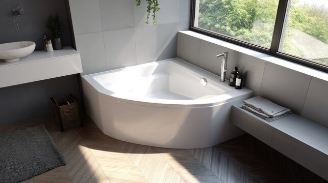 Minimal corner bath with white finishes and soft inset 