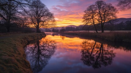Obraz premium Stunning sunset over calm river with trees reflecting in water, vibrant colors in sky and soothing scenery