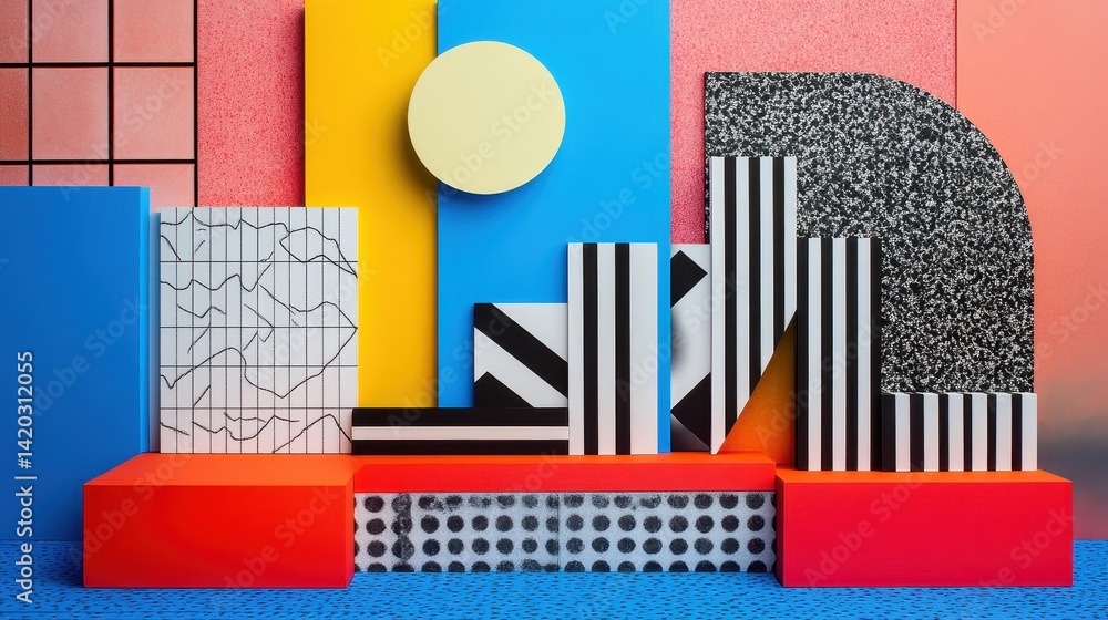 Poster Colorful abstract geometric shapes arranged in a visually striking display inside a modern art studio during daylight