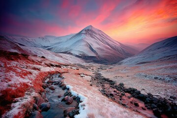 A stunning mountain landscape at sunset, featuring snow-capped peaks, a winding stream, and vibrant colorful skies reflecting the beauty of nature.