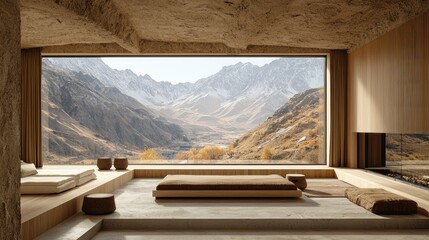 Minimalist mountain retreat.  A spacious, earthy-toned room with a large window showcasing a majestic mountain vista.  Natural materials and warm lighting create a serene ambiance