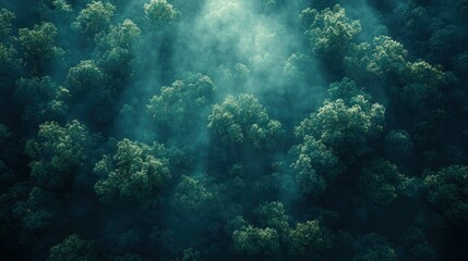 Fototapeta premium Misty forest canopy view from above. Verdant trees shrouded in a light fog, creating a mystical atmosphere. Dense foliage dominates the scene, highlighting the deep green hues