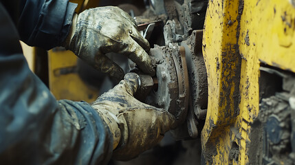 Mining technician repairing hydraulic system inside lithium excavation vehicle. Featuring technical skill and problem-solving