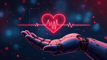 A robotic hand holds a glowing heart symbol, with a heartbeat line in the background, representing the intersection of technology and human emotion. - Powered by Adobe