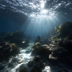 Obraz premium Sunlit Underwater Realm Featuring Scuba Diver Exploring the Depths of the Ocean Coral Reefs.