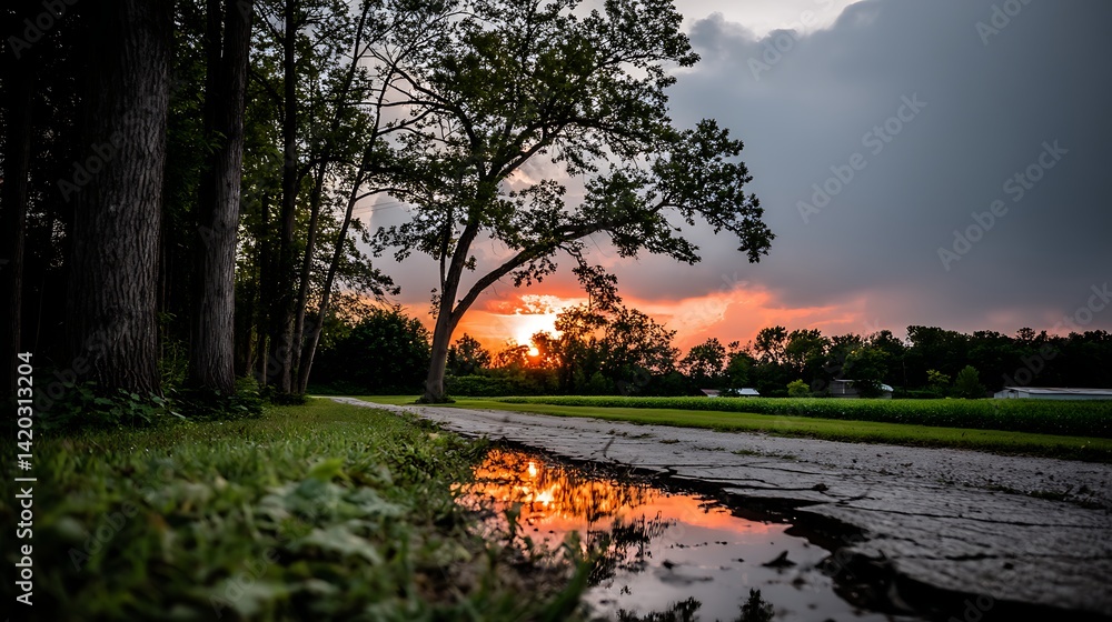 Aufkleber sunset reflection in puddle near grassy field with trees and overcast sky after rain storm.