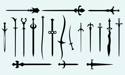 Fantasy Sword Silhouette Set Black and White Vector Collection
