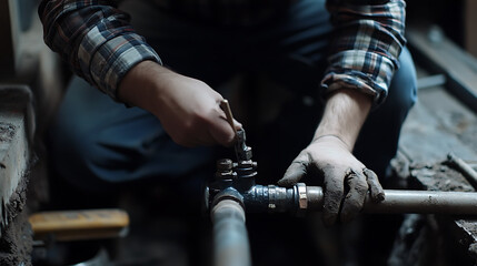 Plumber fixing a broken pipe in a crawl space. Featuring problem-solving and care
