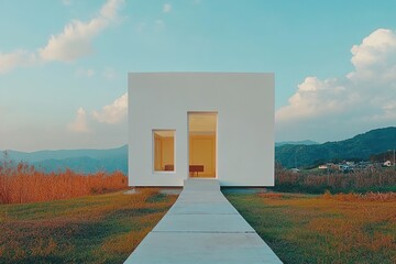 A White Cube-Style Home with Geometric Windows, Set Against a Clean Sky Background, Featuring a Concrete Pathway and Minimalist Design for a Modern, Sleek Aesthetic