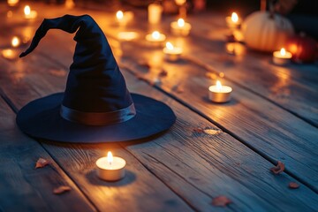 A Witch's Hat Resting Beside Glowing Candles on a Rustic Wooden Floor, Creating a Mystical and Enchanting Atmosphere Perfect for a Magical, Halloween-Inspired Setting