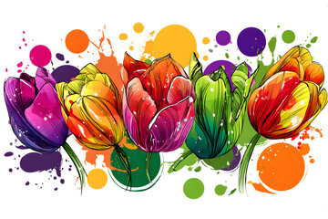 Vibrant Multi-Colored Tulips with Abstract Background Splashes
