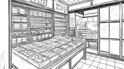 Traditional Japanese Market Interior with Shelves of Fresh Produce