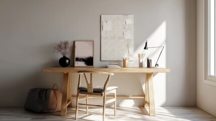 Minimal home studio with wood desk and pinboard (mockup) 