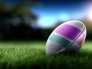 Rugby ball resting on grass with colorful stripes during sunset