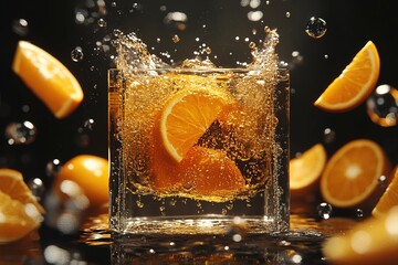 An Orange Soda Erupting in Slow Motion Inside a Geometric Cube, Surrounded by Suspended Bubbles and Mechanical Citrus Wedges, Set Against a Radial Amber-Lit Matte Black Background