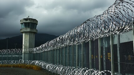 view of a massive prison compound surrounded by barbed wire and guard towers under grey stormy skies, reflecting oppression and isolation prison compound barbed wire guard towers storm clouds 