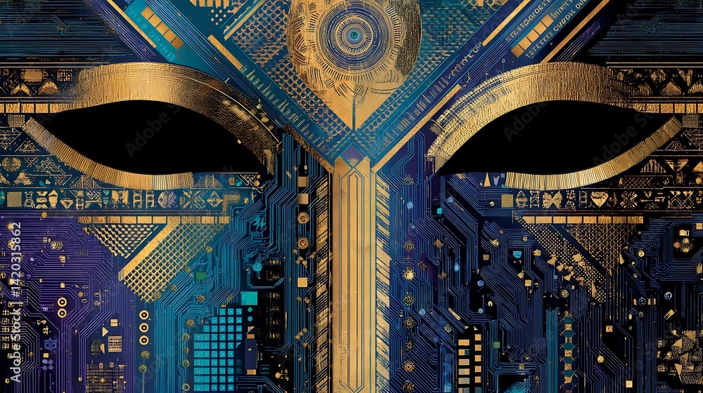 Poster technological gaze ancient futuristic synthesis divine vision embedded circuitry pattern abstraction