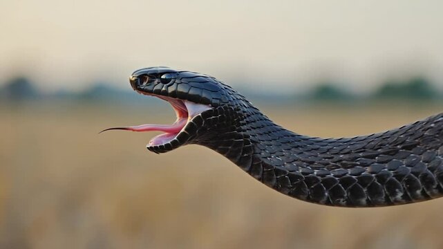 Black snake, open mouth, rural landscape, wildlife, nature, close-up, dangerous animal, possible use in educational material