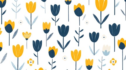 Seamless Pattern Yellow Blue Tulips Floral Design