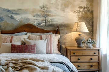 An Artistic Bedroom with a Painted Headboard Wall, Sculptural Lamp, and Cozy Linens, Blending Creative Design Elements with Comfort to Create a Unique and Inviting Sleep Space