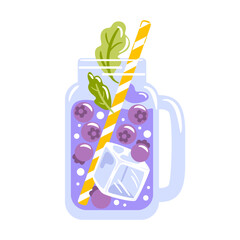 Refreshing blueberry lemonade in a clear glass mug, garnished with berries and mint leaves, topped with ice cubes, served with a colorful straw. Perfect for a hot summer day.
