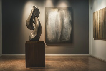 An Artistic Corner Featuring a Sculpture Pedestal Bathed in Spotlight, Against a Muted Backdrop, Creating a Dramatic and Minimalist Display for Sculptural Art in a Thoughtfully Designed Space