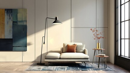 Minimal living zone with one floor lamp and canvas art  