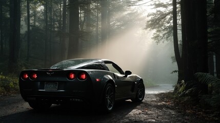 Corvette in sunlight forest road realistic photograph natural environment rear view automotive beauty