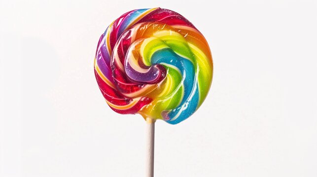 A vibrant rainbow swirl lollipop on a stick, a colorful and sweet treat.