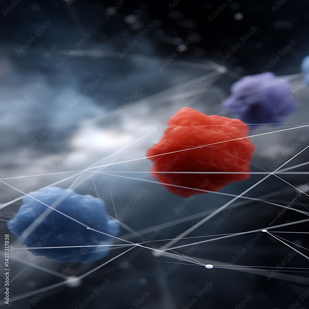 Poster three dimensional network connection of spheres with red blue and purple colors in cloudy sky.