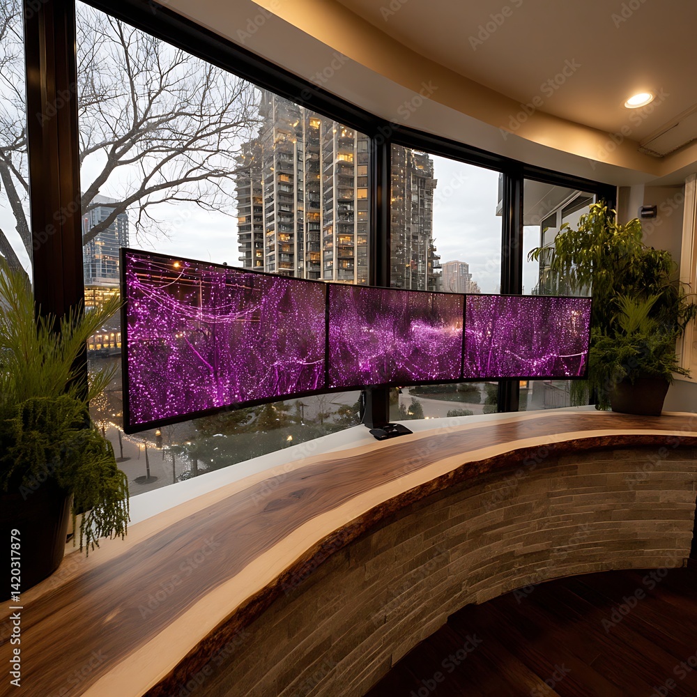 Poster three display monitor setup with building view and plants in a contemporary workspace setting