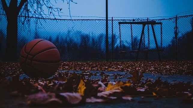 prison courtyard at dusk, littered with dead leaves. A lone basketball rolls slowly, coming to rest against a chain-link fence. The swings creak in the wind, though no one is there. prison courtyard, 