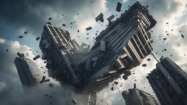 Futuristic building collapsing into pieces, with debris and dust scattering through the air, set against a dramatic sky filled with dark clouds

