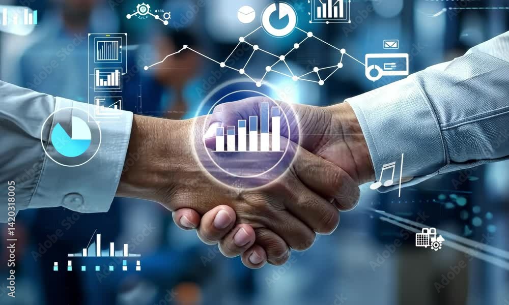 Aufkleber collaboration between individuals in business setting highlights digital technology and data analysi
