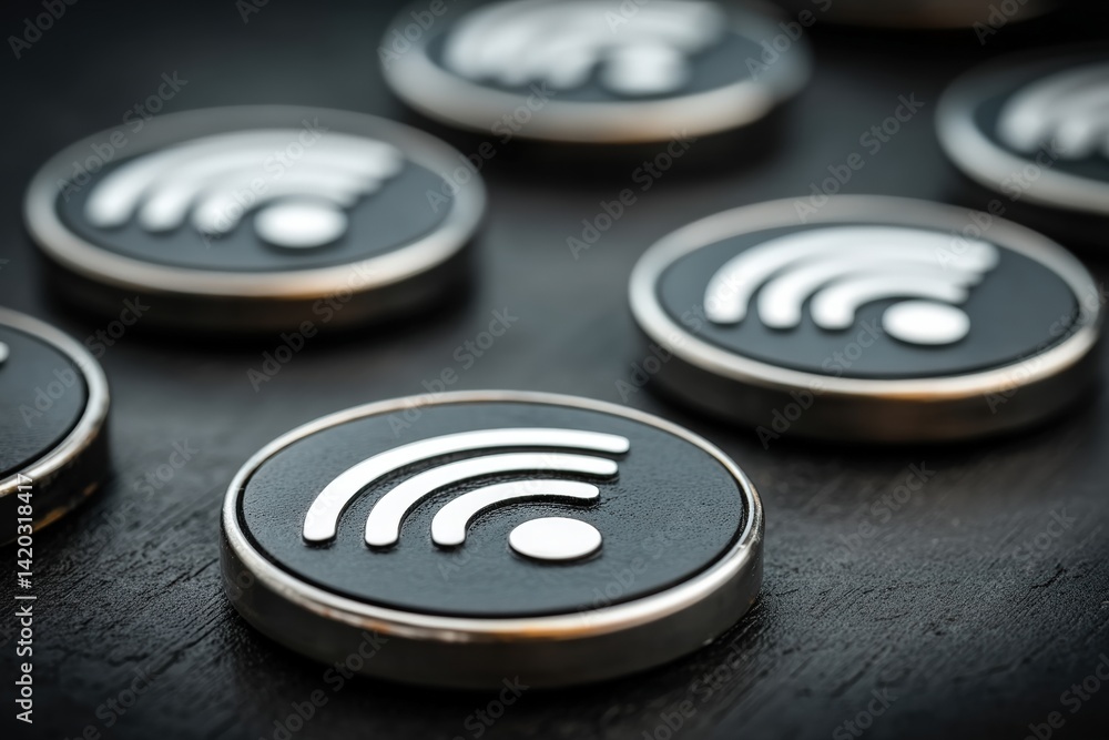 Poster close-up of wi-fi symbols on circular tokens, arranged on a dark surface, emphasizing connectivity a